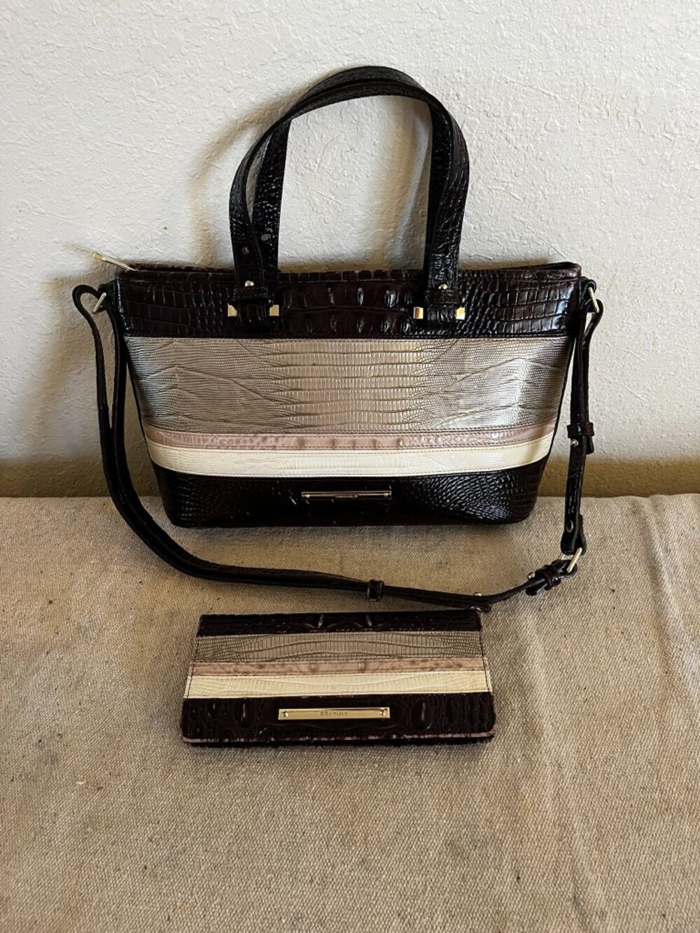 Brahmin Brown Leather/Cream/Black Mini Asher Crossbody/Handbag & Wallet